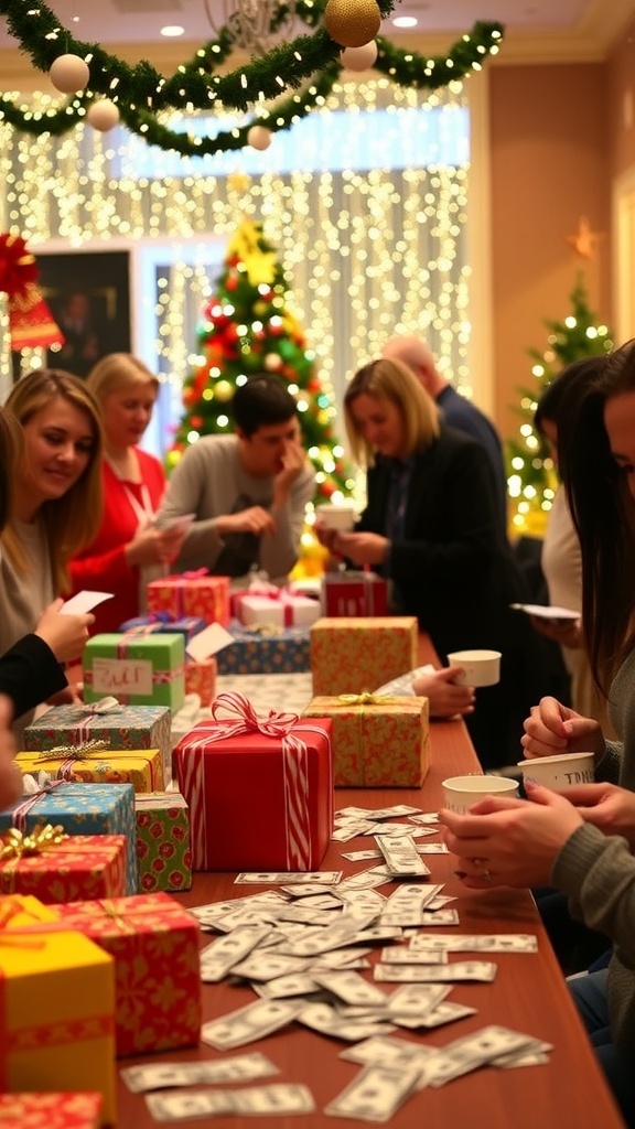 Participants enjoying a Christmas Gift Auction Game with wrapped gifts and play money.